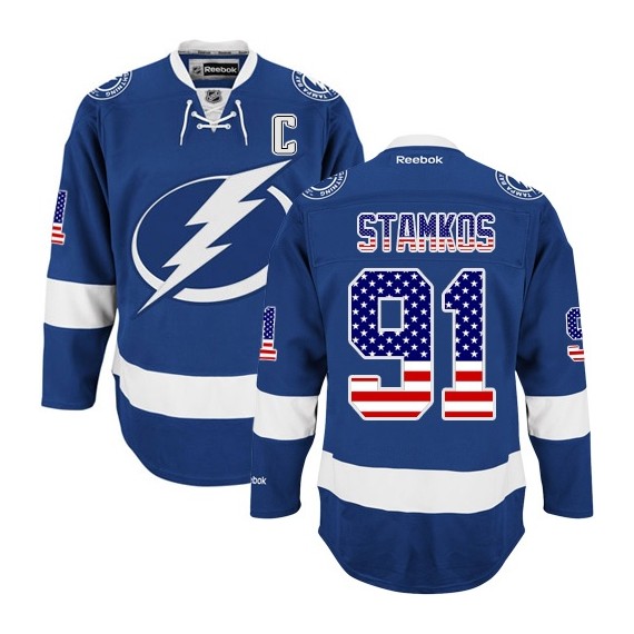 Men's Tampa Bay Lightning #91 Steven Stamkos Royal Blue USA Flag Stitched NHL Jersey - Click Image to Close